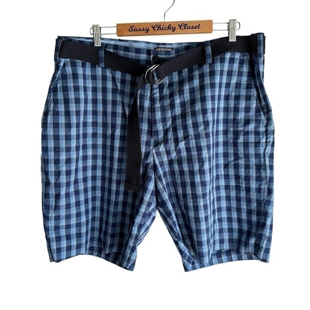 IZOD Navy Plaid Belted Mens Flat Front‎ Casual Shorts, 42